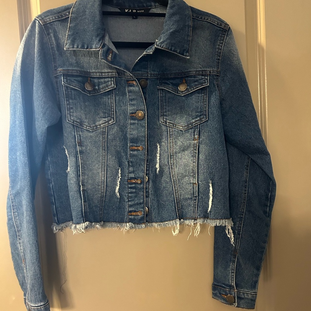 Denim Jacket with Distressed Hem
